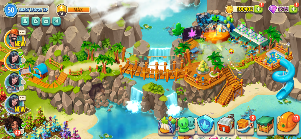 Hemp Paradise: 420 Weed Farm - A colorful tropical island resort featuring a waterfall, wooden bridge, and beach attractions in the Hemp Paradise mobile game.