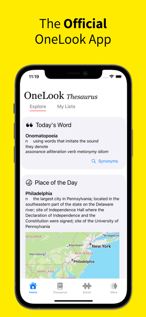 The home screen of the OneLook Thesaurus app featuring Today's Word and Place of the Day