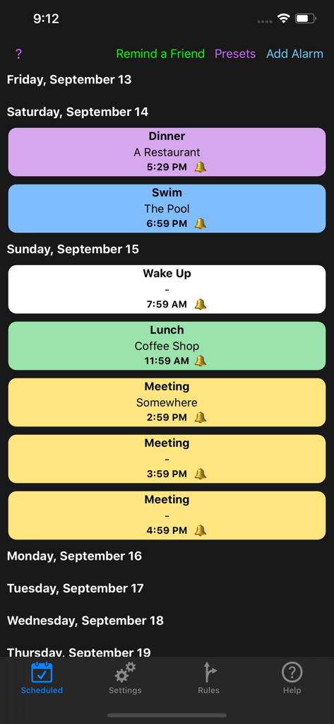 Calarm - Interface of the Calarm app showing a list of color-coded scheduled alarms based on calendar events