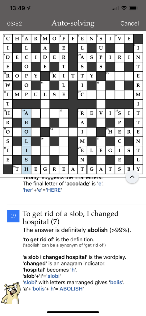 Crossword Genius - Crossword Genius app interface showing a cryptic crossword grid and an AI explanation for a specific clue