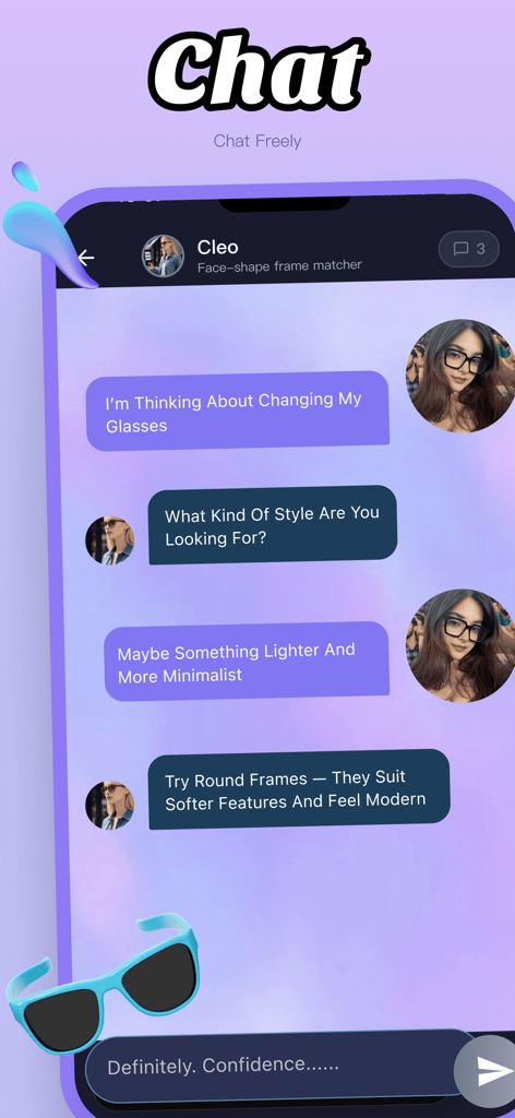 Ein mobiler Bildschirm, der eine Chat-Konversation mit einem KI-Brillenberater über Fassungsstile zeigt