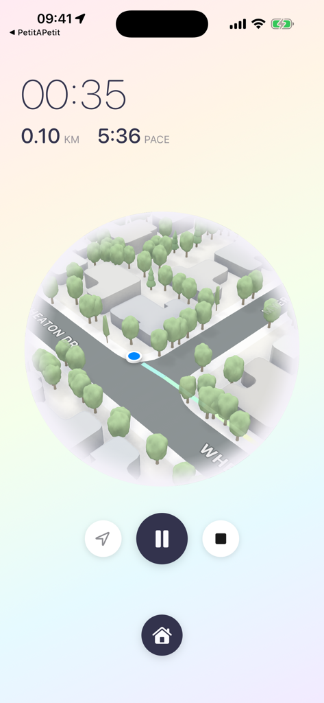 Minimalist running tracker interface featuring a unique 3D circular map with real-time pace and distance statistics.