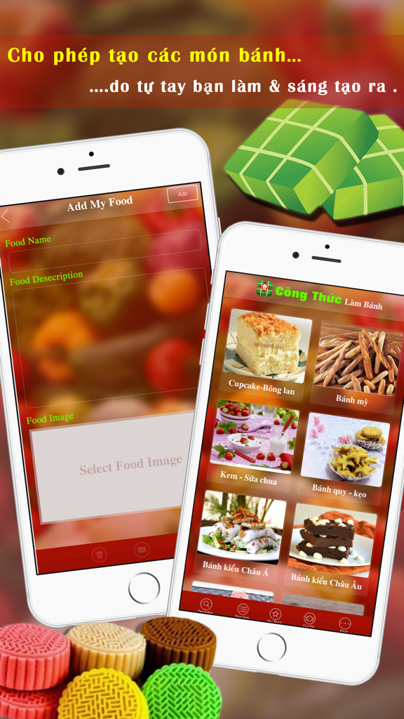 Công Thức Làm Bánh - Mobile app interface for creating custom cake recipes and browsing categories like Asian and European style cakes