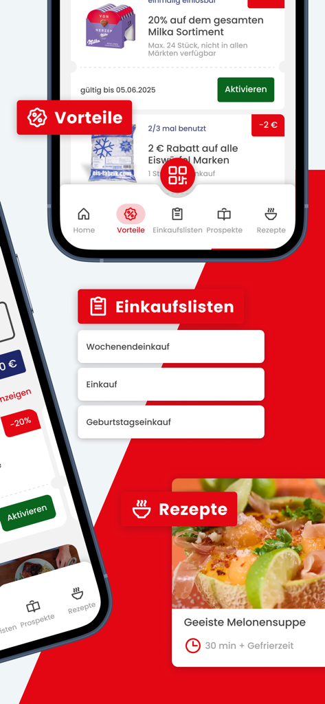 Markant GO - Markant GO app interface showing digital coupons, shopping lists, and recipe suggestions for budget-conscious grocery shopping.