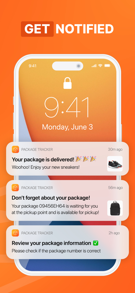 iPhone lock screen showing multiple real-time delivery status notifications from the package tracker app.