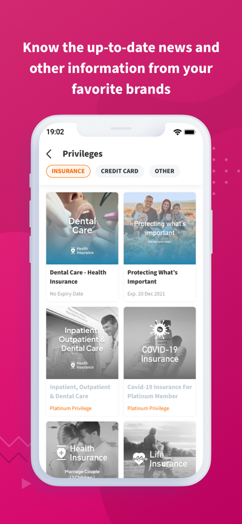 TADA - Memberships & Rewards - Mobile screen of TADA app showing insurance privileges and membership rewards
