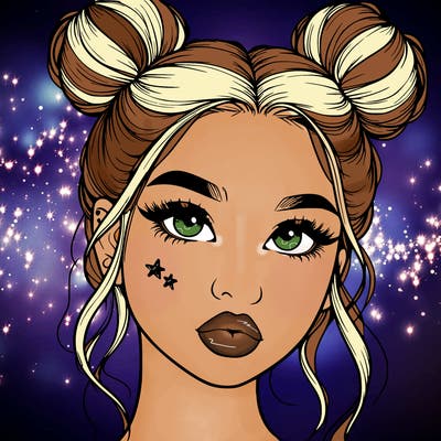 realistic girl with two buns on her hair and lips