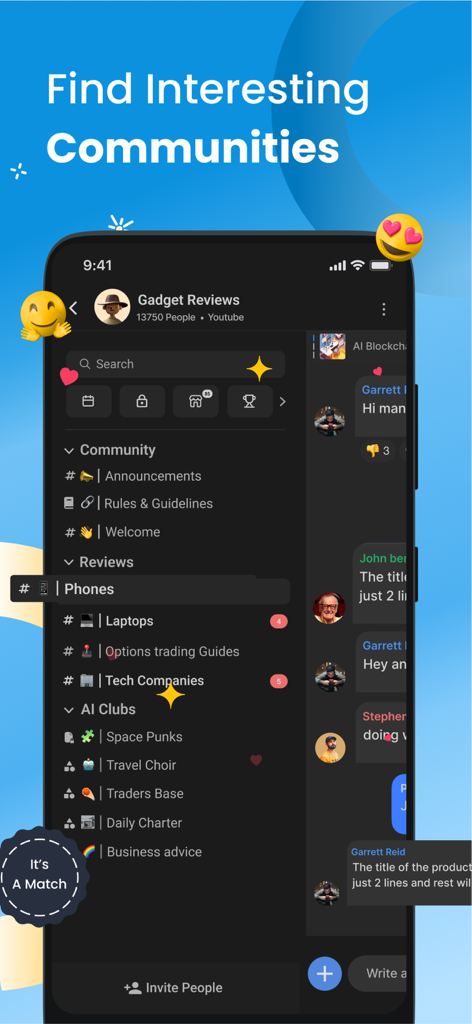 SwitchX - Communities with AI - SwitchX mobile app screen displaying a list of AI communities and chat channels