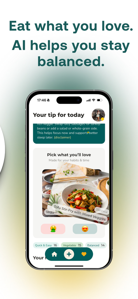Aipa Plate app interface showing AI meal suggestions and personalized nutrition tips