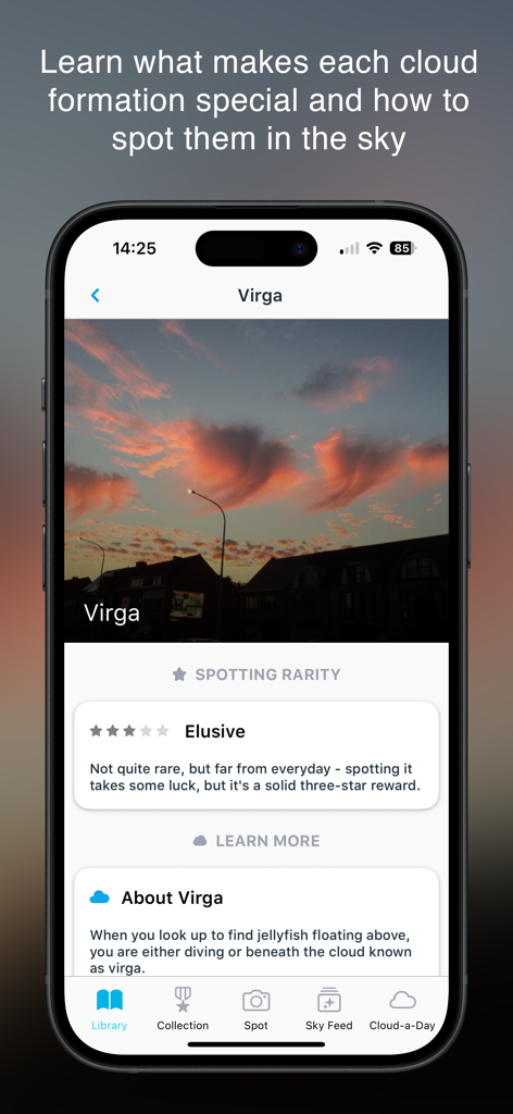 A mobile screen showing the CloudSpotter app with detailed information and rarity rating for Virga clouds.