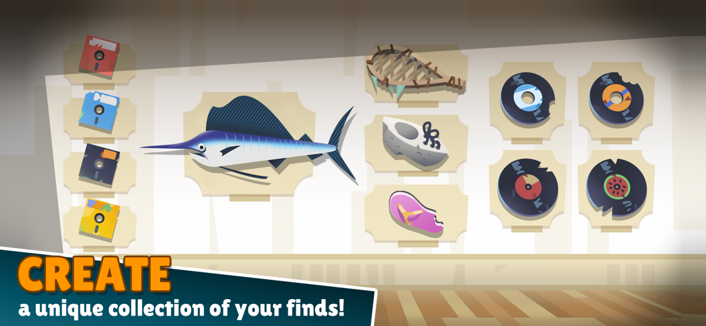 Una pared de exhibición en la aplicación Creatures of the Deep que muestra una colección de peces, disquetes y discos de vinilo.