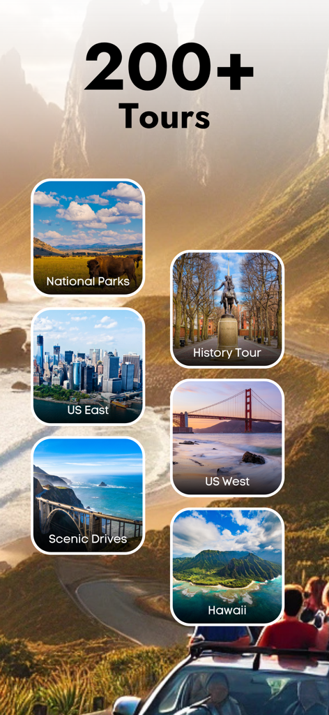 Mobile app interface displaying different tour categories including National Parks History and Scenic Drives