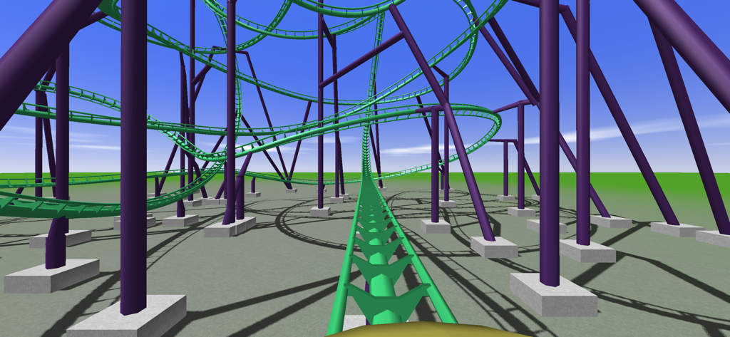 Ultimate Coaster 2 - Detailed POV view of a green roller coaster track with purple supports in a 3D sandbox environment