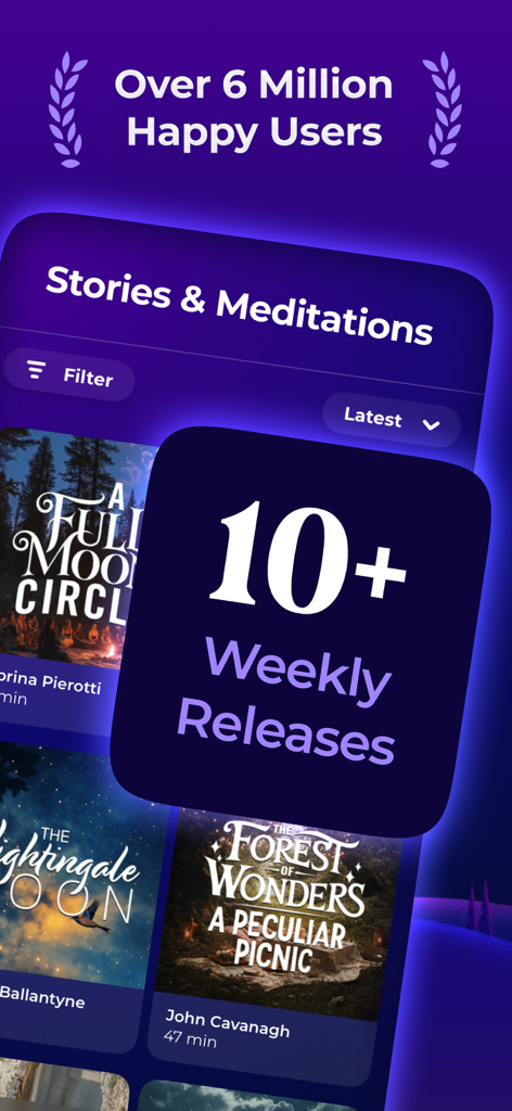 Sleepiest: Sleep Meditations - Sleepiest app interface showing over ten weekly releases of sleep stories and meditations for users