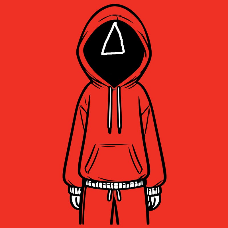 faceless girl in a tracksuit with a hood on and no hair