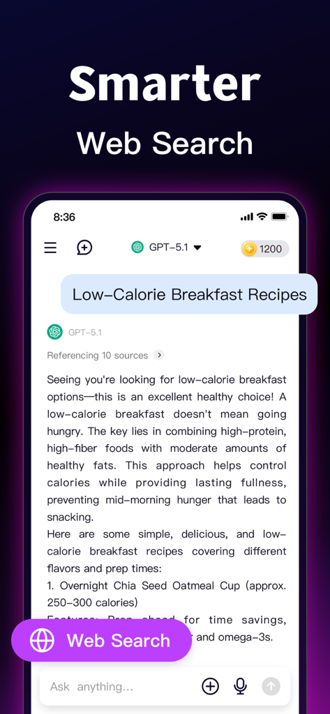 Chatbot AI Assistant - Modlib - Screenshot of Modlib AI interface demonstrating the Smarter Web Search feature with a query for low calorie breakfast recipes and multiple source references.
