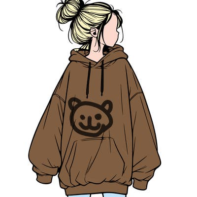 realistic girl with a oversized sweatshirt on and a bun