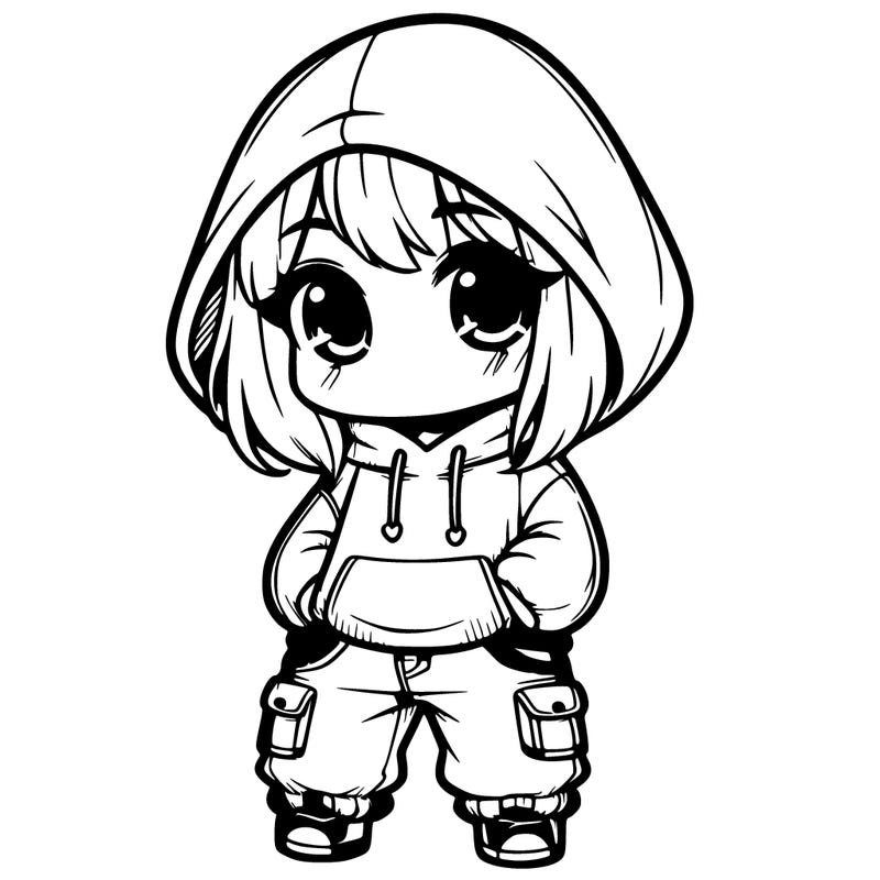 cute chibi girl in hoodie and baggie jeans