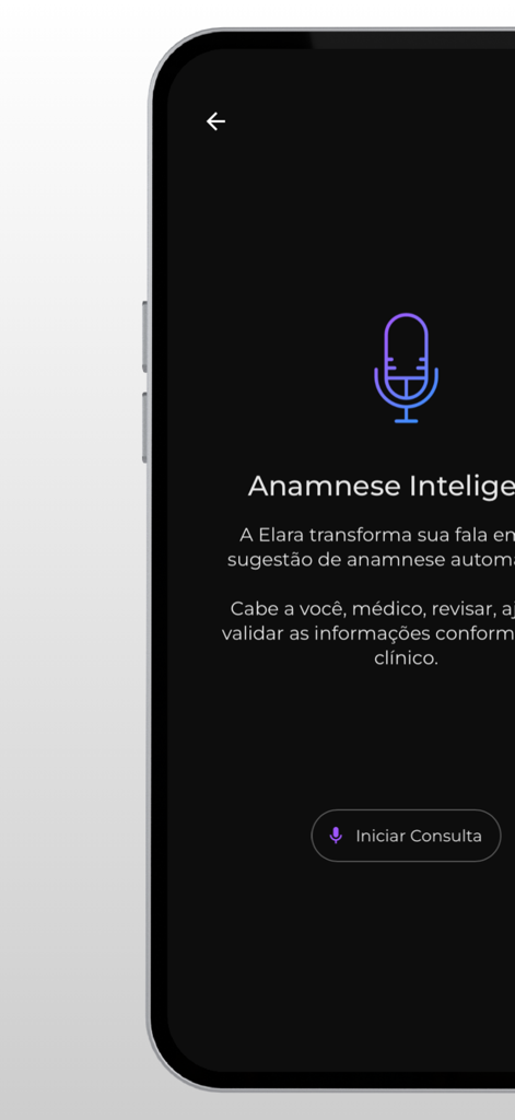 Elara IA - Medical AI app screen for starting a voice recorded patient anamnesis consultation