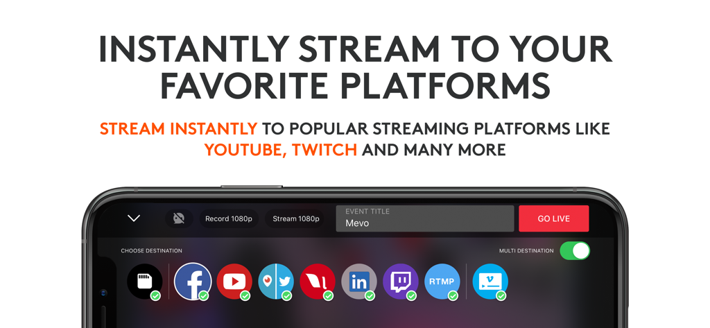 Interface do aplicativo Logitech Mevo mostrando várias opções de plataforma de streaming ao vivo, incluindo YouTube e Twitch