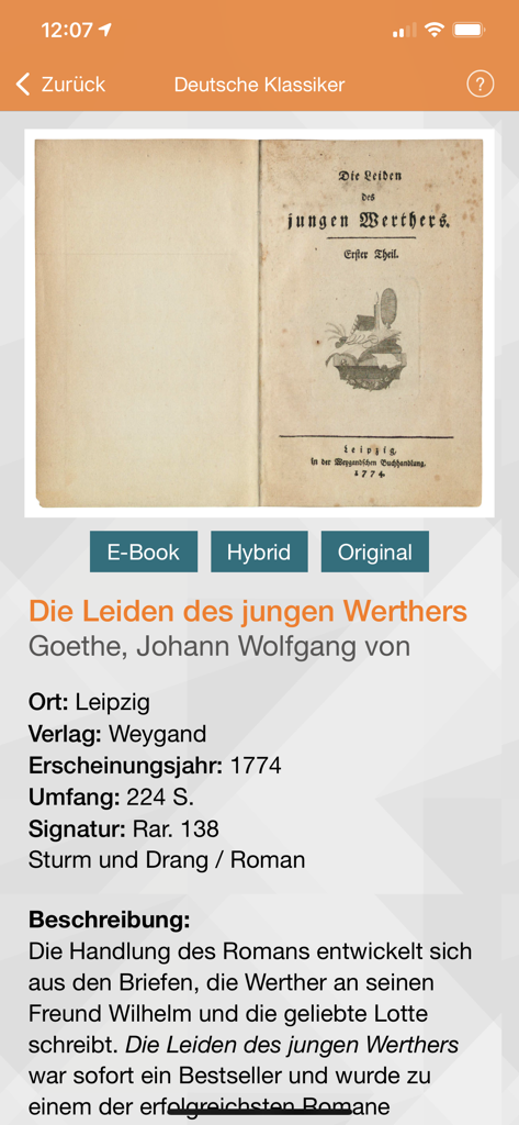 Deutsche Klassiker - Original scan of the first edition of Werther by Goethe in the Deutsche Klassiker app