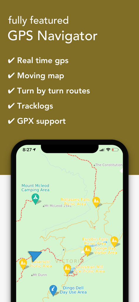 Billy Goat Offroad - Billy Goat Offroad app showing a GPS navigation map with campsites and picnic areas in Victoria