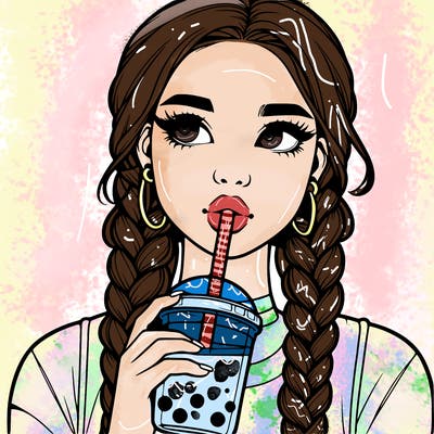 realistic girl with braided hair drinking boba