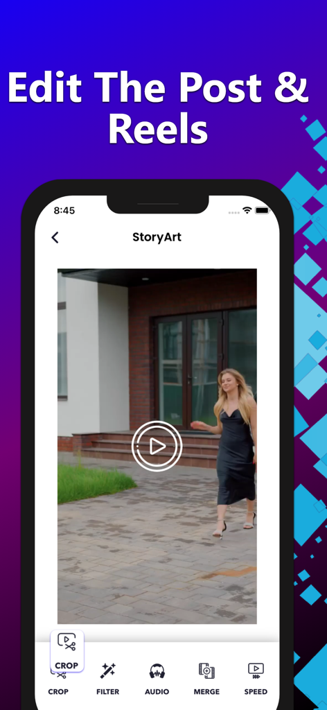 InstaSave : IG Reels Stories - Interface showing the video editing tools for Instagram Reels and posts including crop and filter options