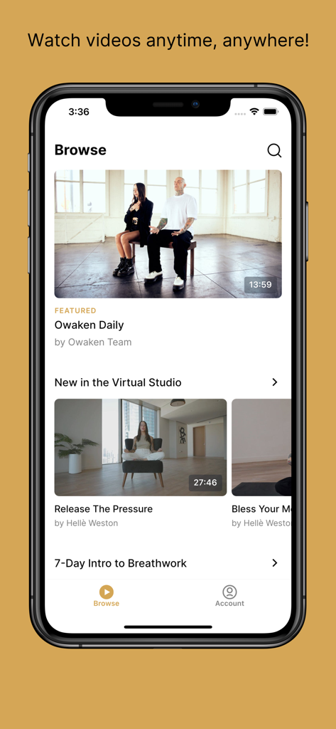 A smartphone screen displaying the Owaken Breathwork app video library with featured breathing exercises and meditation classes