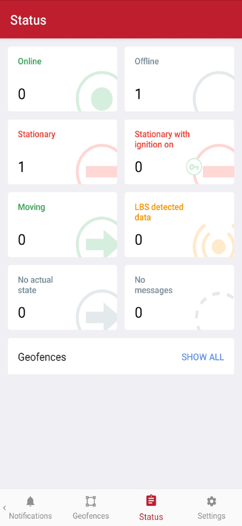 WBC Fleet - WBC Fleet app status dashboard showing real-time counts for online, offline, stationary, and moving vehicles.