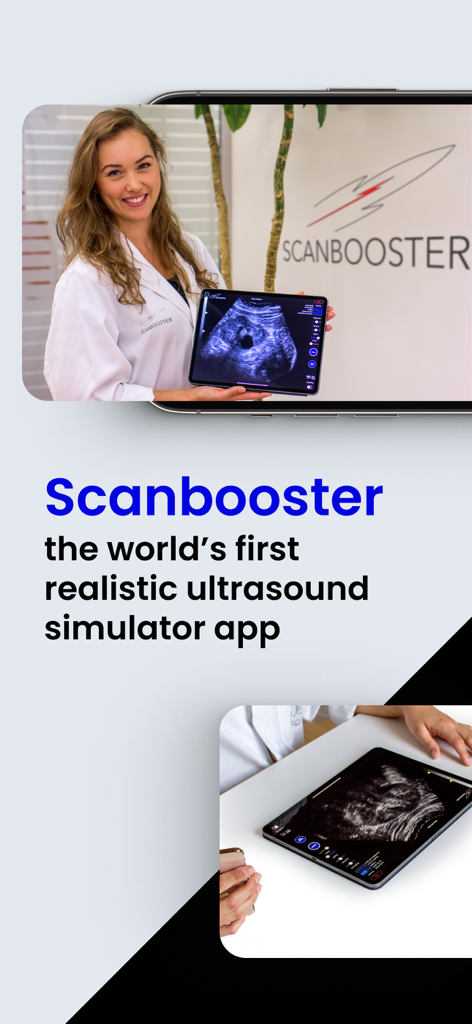 A medical professional showing the Scanbooster ultrasound simulator app on an iPad and iPhone