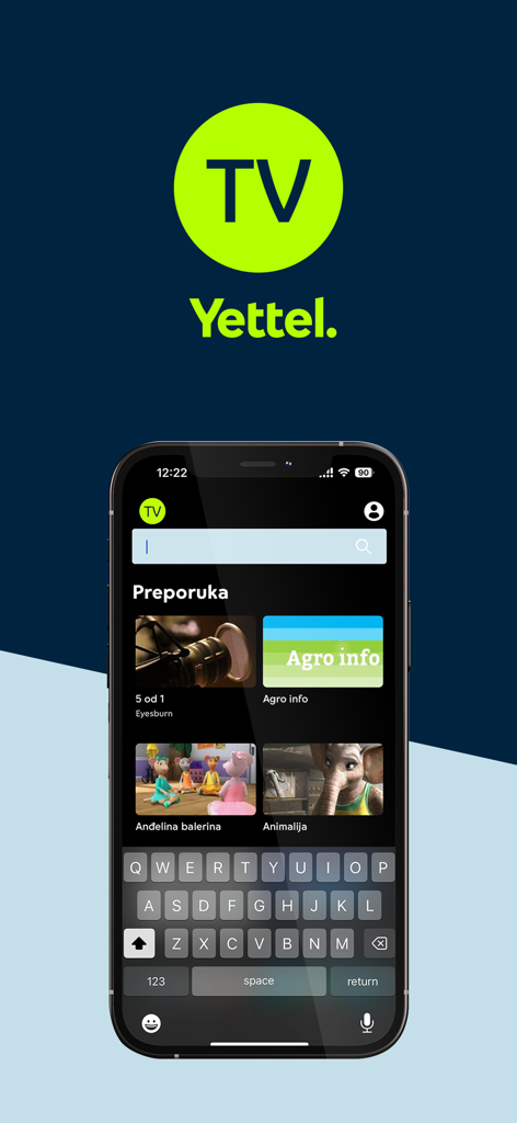 Yettel TV - Yettel TV mobile app search interface showing content recommendations and an open keyboard.
