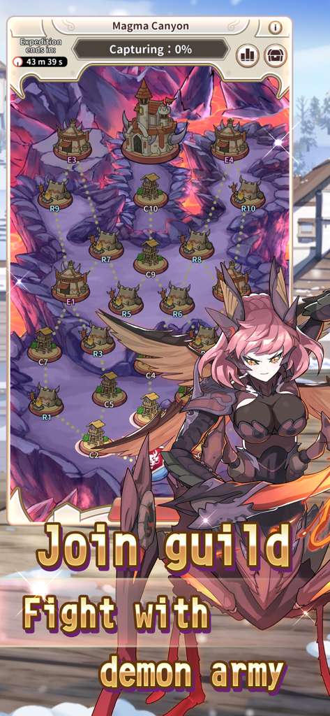 Reversal of Deck - A game screenshot showing the Magma Canyon guild map and a pink-haired demon character with the text Join guild Fight with demon army.
