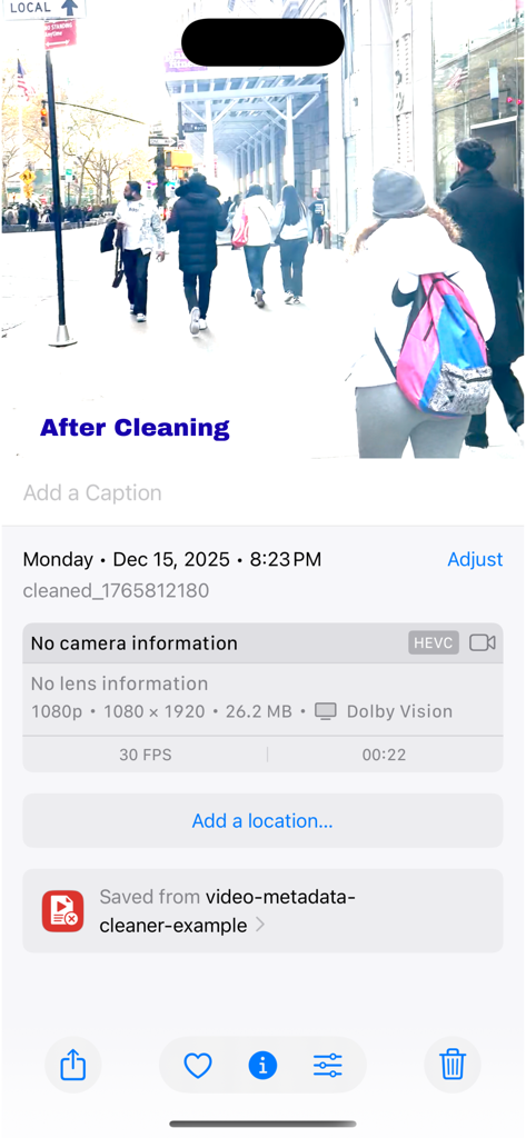 iOS interface showing a video file with location and camera metadata successfully removed for privacy protection