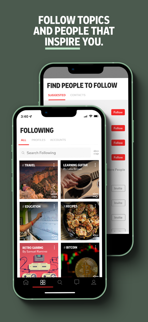 Flipboard: The Social Magazine - Interfaccia dell'app Flipboard che mostra categorie di interesse seguite come viaggi e ricette e un elenco di persone suggerite da seguire.
