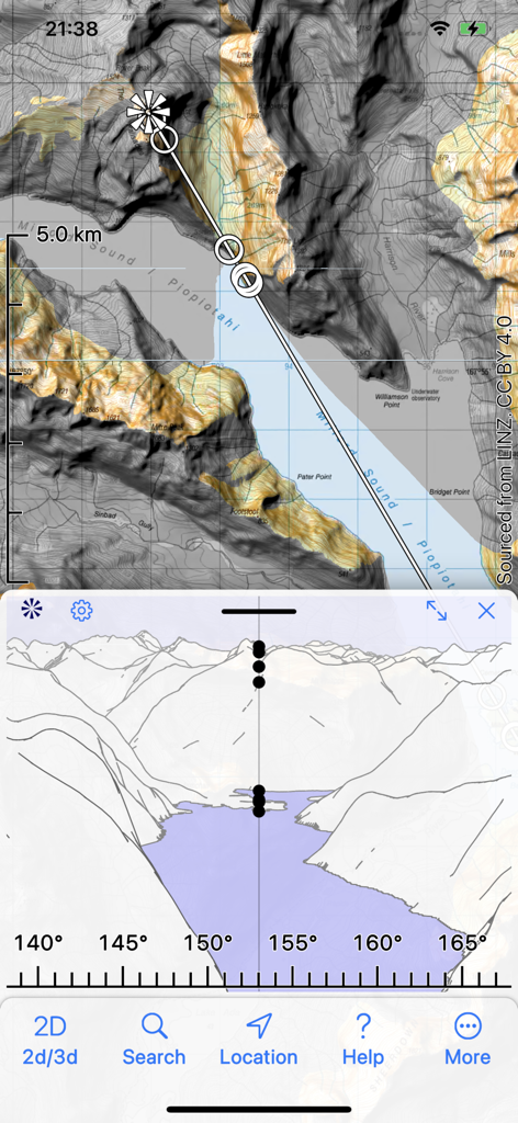 Mapa topográfico e vista de silhueta panorâmica da montanha de Milford Sound no aplicativo Mapa 3D Nova Zelândia
