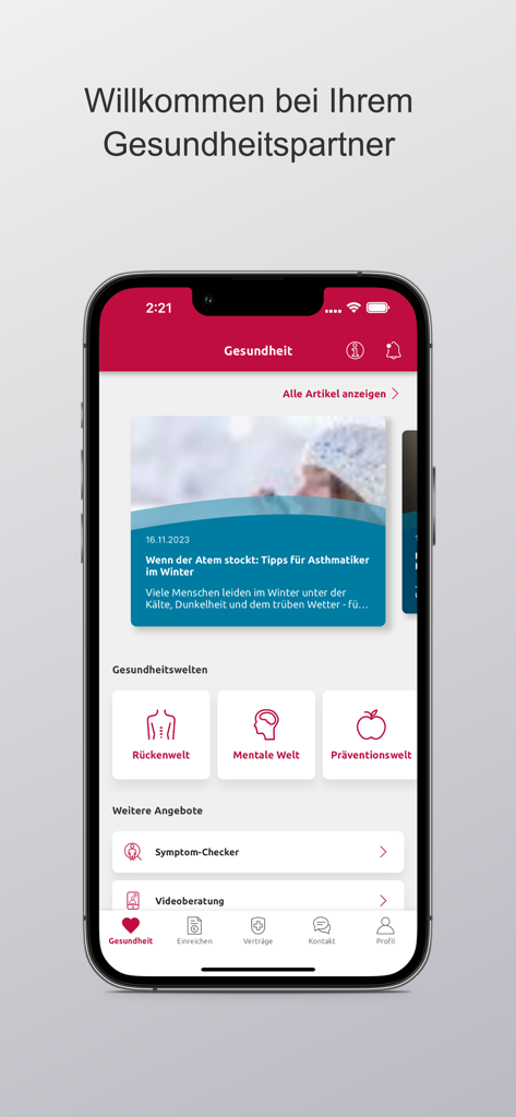 Tableau de bord de l'application mobile Hallesche4u affichant des articles sur la santé et des services médicaux numériques