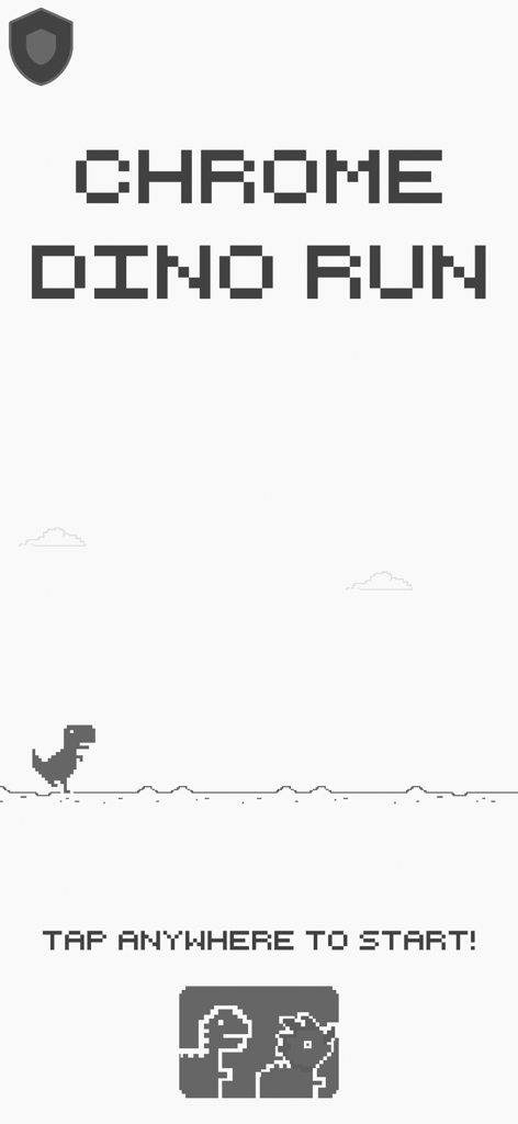 Chrome Dino Run - ピクセル化された恐竜とレトロな8ビットグラフィックスを特徴とするChrome Dino Runモバイルゲームのスタート画面