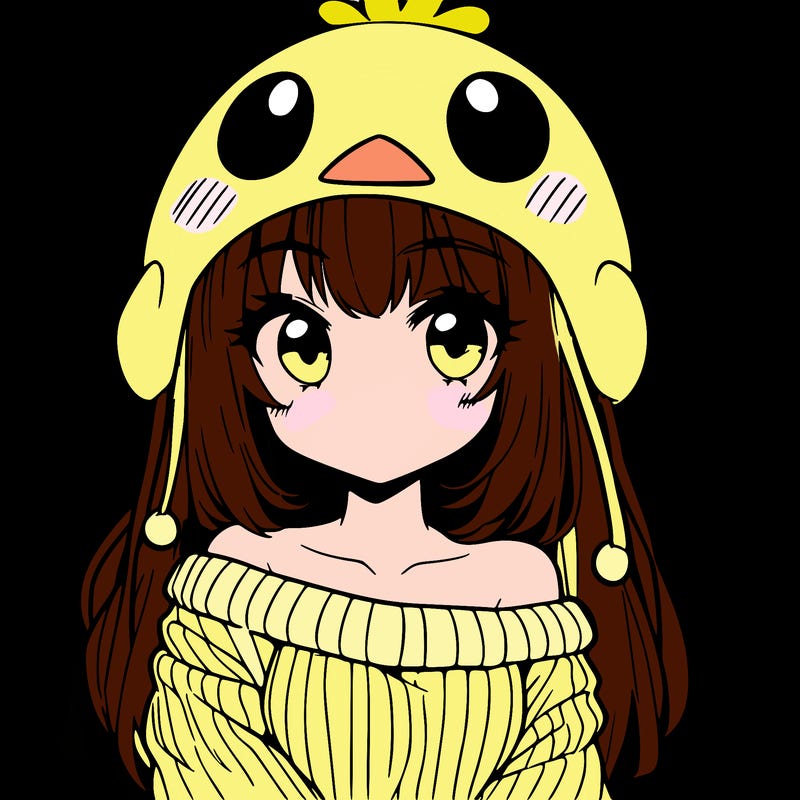 anime girl with chick shaped hat with sweater with bare shoulders with bangs covering them one eye with low tail