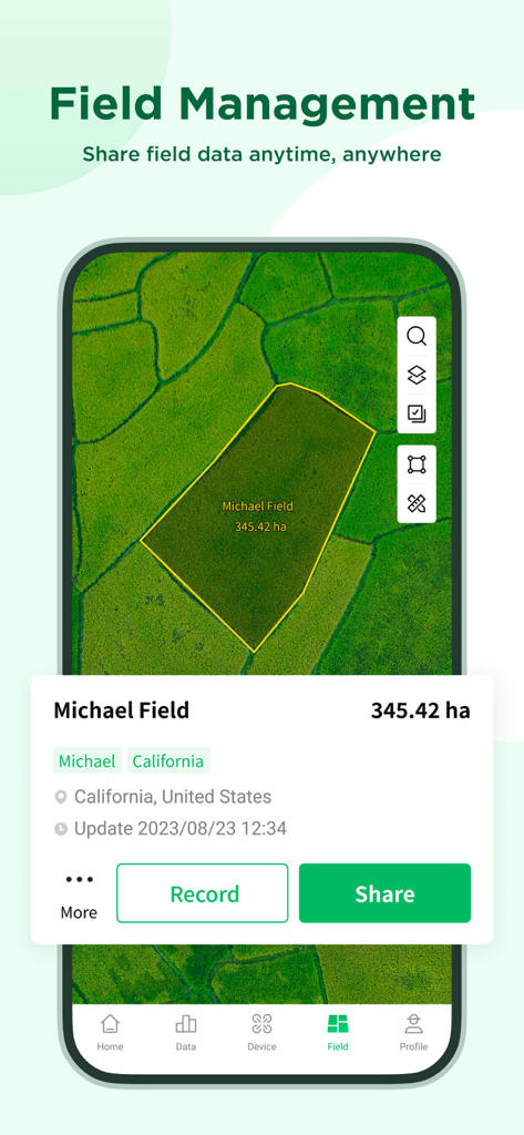 Interface do aplicativo DJI SmartFarm mostrando um campo agrícola mapeado na Califórnia com opções de gestão e compartilhamento de campo.