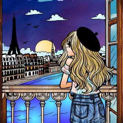 teen girl standing on a balcony in paris with a sunset