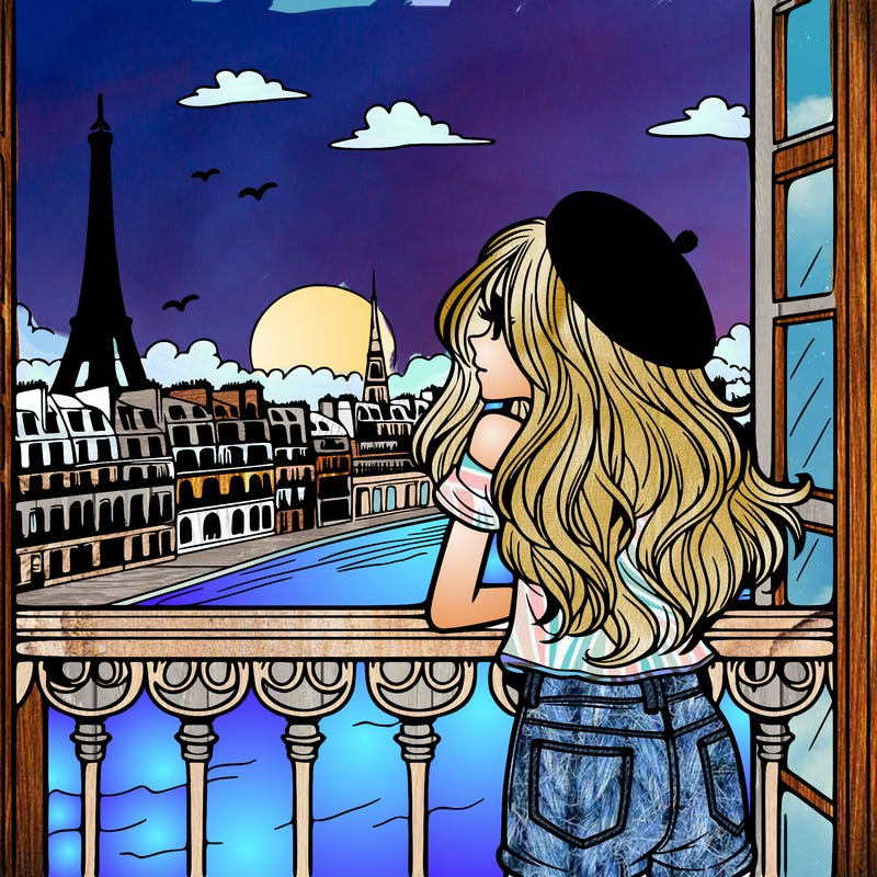 teen girl standing on a balcony in paris with a sunset