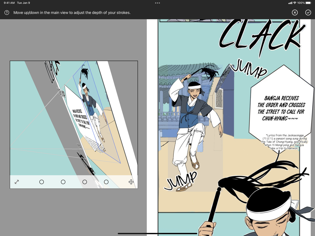 Mental Canvas Draw - Digital illustration of a webtoon character in the Mental Canvas Draw app showing spatial canvas planes and 3D depth adjustment.