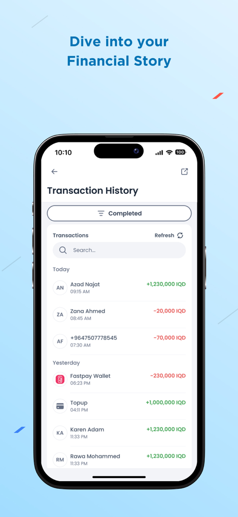 First Iraqi Bank for Business - Pantalla del historial de transacciones de la aplicación del Primer Banco Iraquí para Empresas que muestra pagos digitales en IQD
