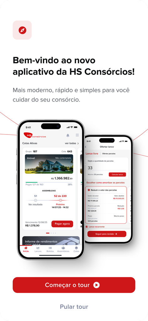 HS Consorcios mobile app welcome screen showing investment dashboard and bid offer interface