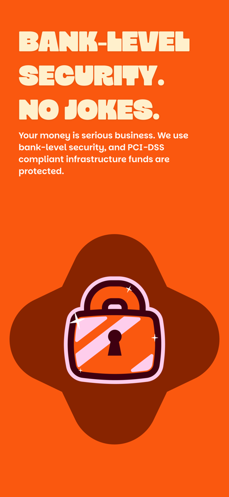 Misan by Bamboo: Pay & Send - A security information screen for the Misan app displaying bank-level protection details and a padlock icon on an orange background.