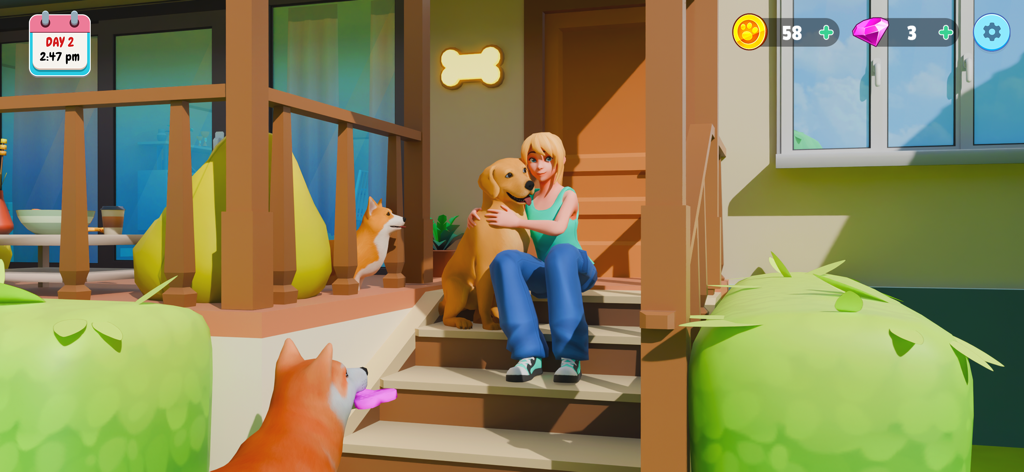 Dog Simulator: My Pets - A girl character hugging a golden labrador retriever on house steps in a dog simulator game.
