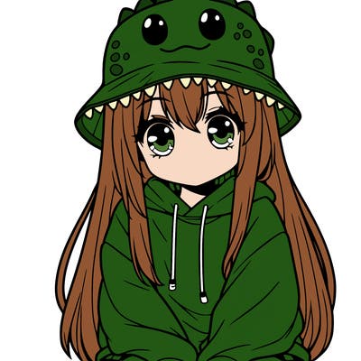 girl with anime shaped eyes with a dinosaur bucket hat oversized sweatshirt long straight hair