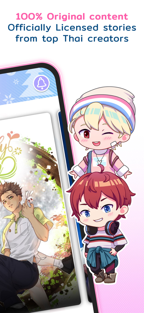 Capture d'écran de l'application Yaomic présentant des bandes dessinées BL thaïlandaises originales sous licence et des personnages chibi.