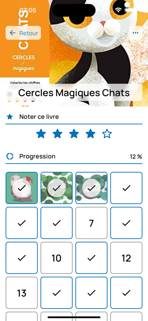 BuddyColo app interface showing coloring progress and completed pages for a cat-themed book